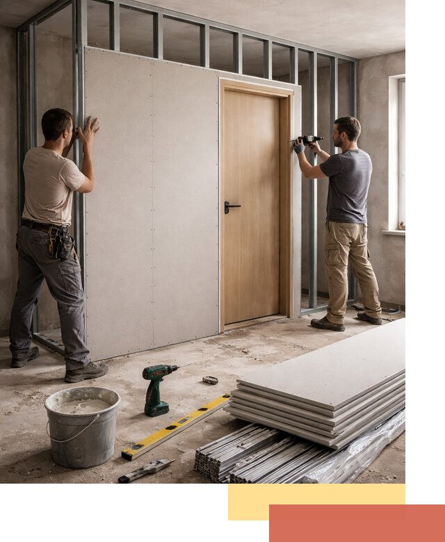 Перегородка из гипсокартона с дверью под ключ в Сарапуле