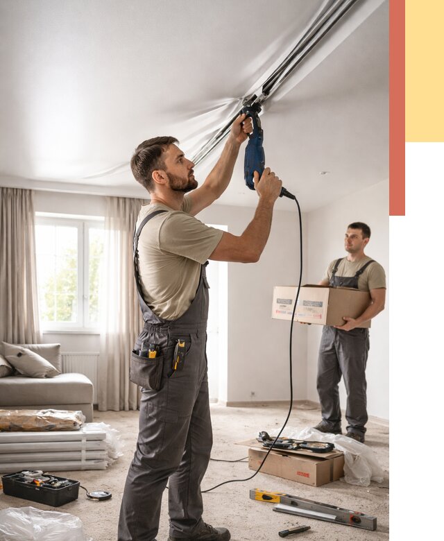 Монтаж сатинового натяжного потолка в Сарапуле от 3613 руб. | Быстро, недорого — ОТДЕЛОЧНИК-Срл