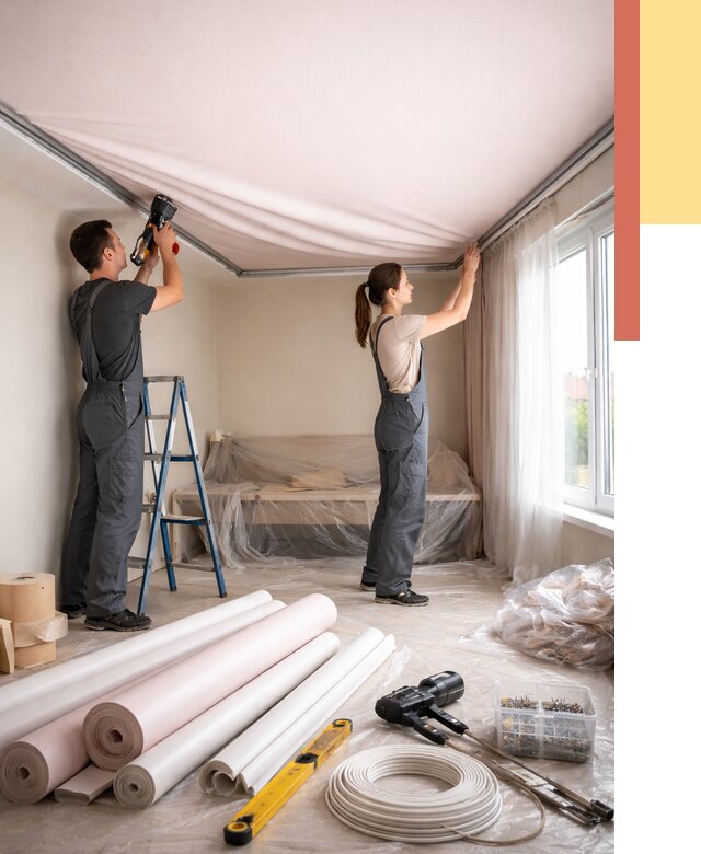 Монтаж цветного натяжного потолка в Сарапуле от 4336 руб/м² — быстро и недорого | ОТДЕЛОЧНИК-Срл