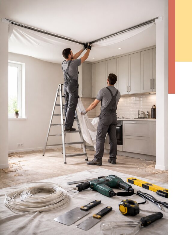 Установка натяжного потолка на кухне в Сарапуле от 2478 руб. | ОТДЕЛОЧНИК-Срл