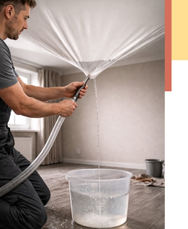 Слив воды с натяжного потолка в Сарапуле от 2581 руб. быстро и недорого | ОТДЕЛОЧНИК-Срл