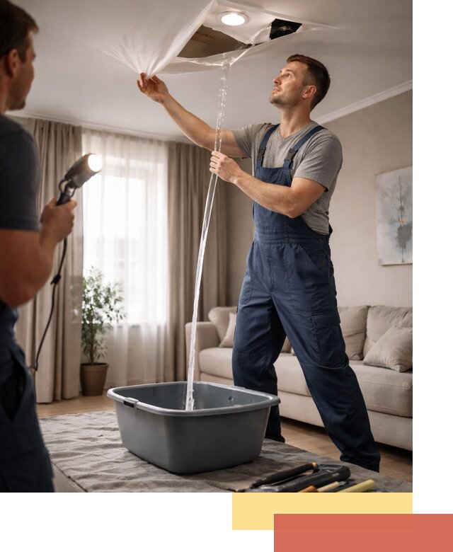 Слив воды с натяжного потолка в Сарапуле быстро и аккуратно